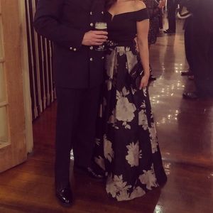 Eliza J off the sholder floral jeweled belt gown 2